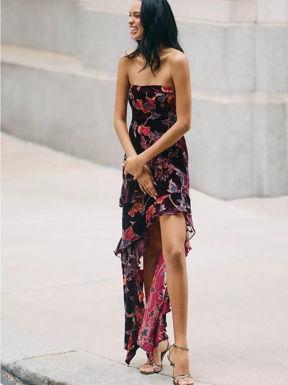 Endless Rose Strapless Floral High-Low Dress in Burgundy and Pink